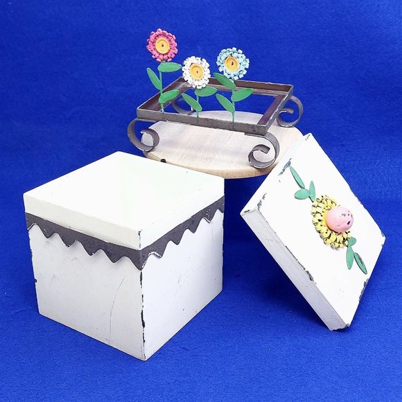 Storage Box Wood Metal Footed Stand Painted Metal Flower Design Whimsical Decor - Picture 6 of 11